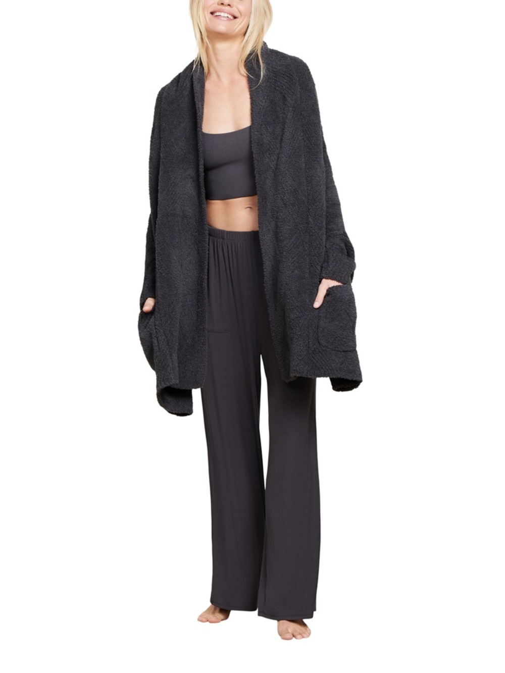 Barefoot Dreams Charcoal Grey Cozy Open-Front Plush Cardigan Pockets Warm Fuzzy - Picture 2 of 13